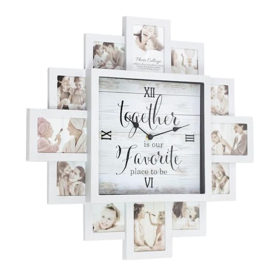 American Art Decor; White Farmhouse Shabby-Chic "Together" Picture Frame Wall Collage Clock; Category:Clocks; Image:1